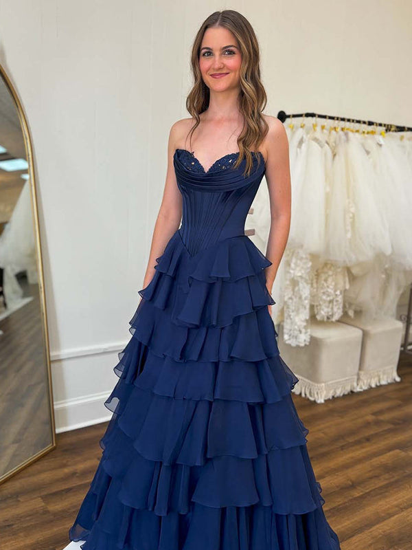 Yellow A Line Strapless Satin Corset Long Prom Dress with Ruffle Skirt