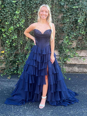 Yellow A Line Strapless Satin Corset Long Prom Dress with Ruffle Skirt