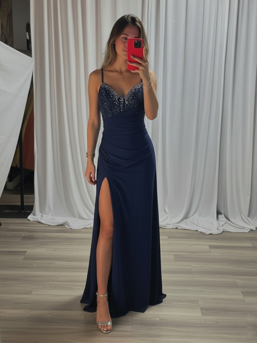 Navy Beaded V Neck Corset Bodice Long Prom Dress with Slit
