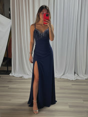 Navy Beaded V Neck Corset Bodice Long Prom Dress with Slit