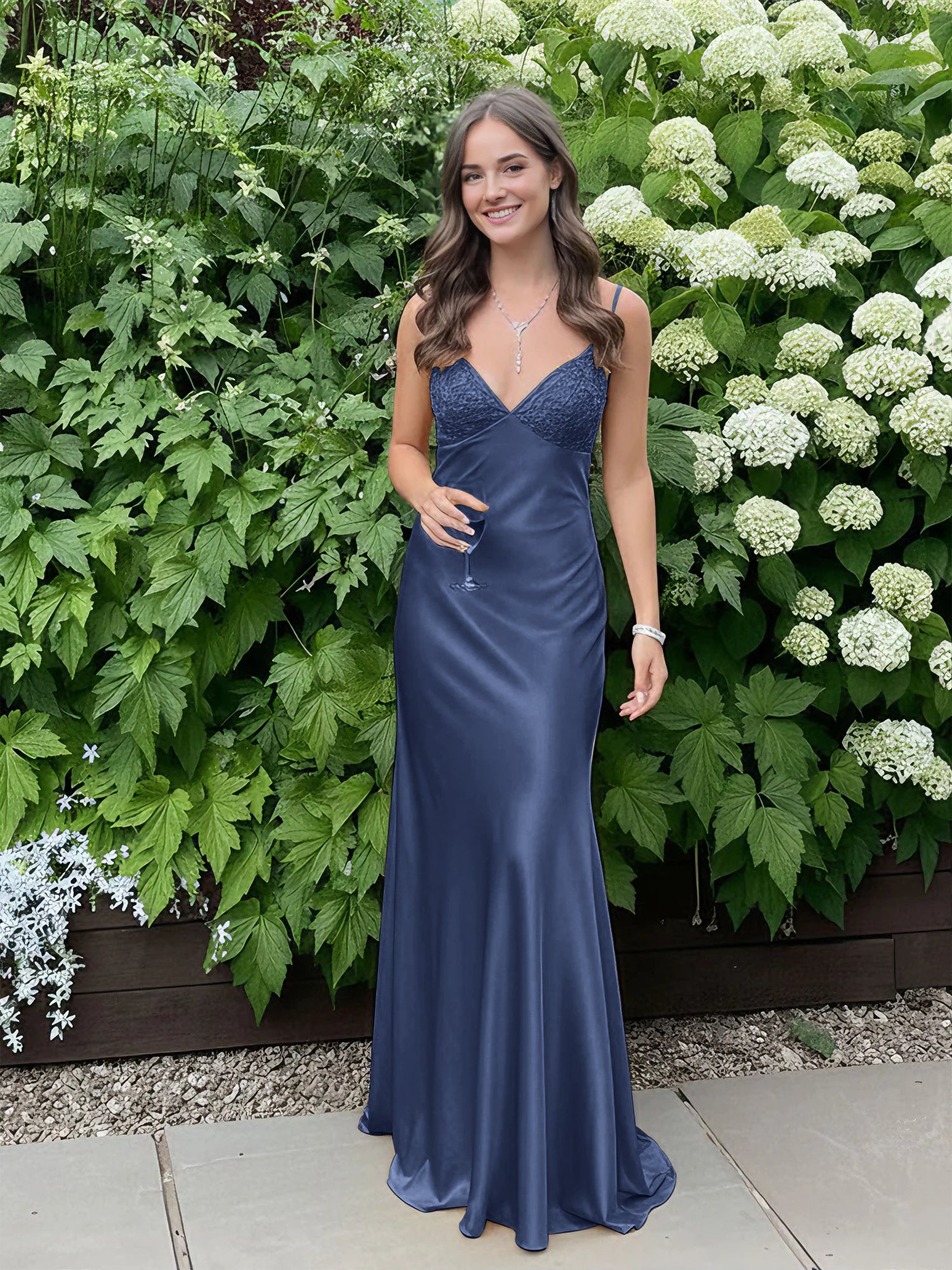 Blue A Line V-neck Beaded Back Tie Long Prom Dress