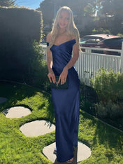 Aqua Mermaid Off The Shoulder Sheath Satin Long Prom Dress