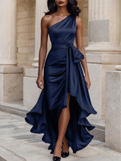 Glamorous Formal Dress Midnight Navy One Shoulder High-Low Satin Gown Midi Dress