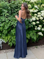 Blue A Line V-neck Beaded Back Tie Long Prom Dress