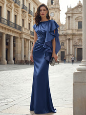 Elegant Formal Evening Dress Moonlight Silver Asymmetrical Ruffle Satin Gown