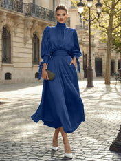 Sophisticated Emerald Green Satin High-Neck Midi Dress Gown