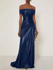 Evening Formal Dress Off the Shoulder Silver Silk Ruffles Strapless Maxi Dress