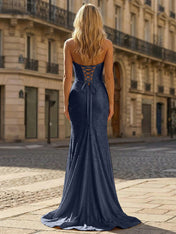 Yellow Beaded Halter Corset Prom Dress with High Slit