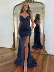 Hot Pink Lace-Up Back Corset Shimmer Prom Dresses with Slit