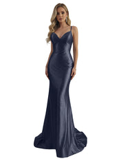 Blue Mermaid Spaghetti Straps V-Neck Rhinestone Long Prom Dress