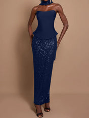 Off-Shoulder Bandage Top & Sequin Midi Skirt Set