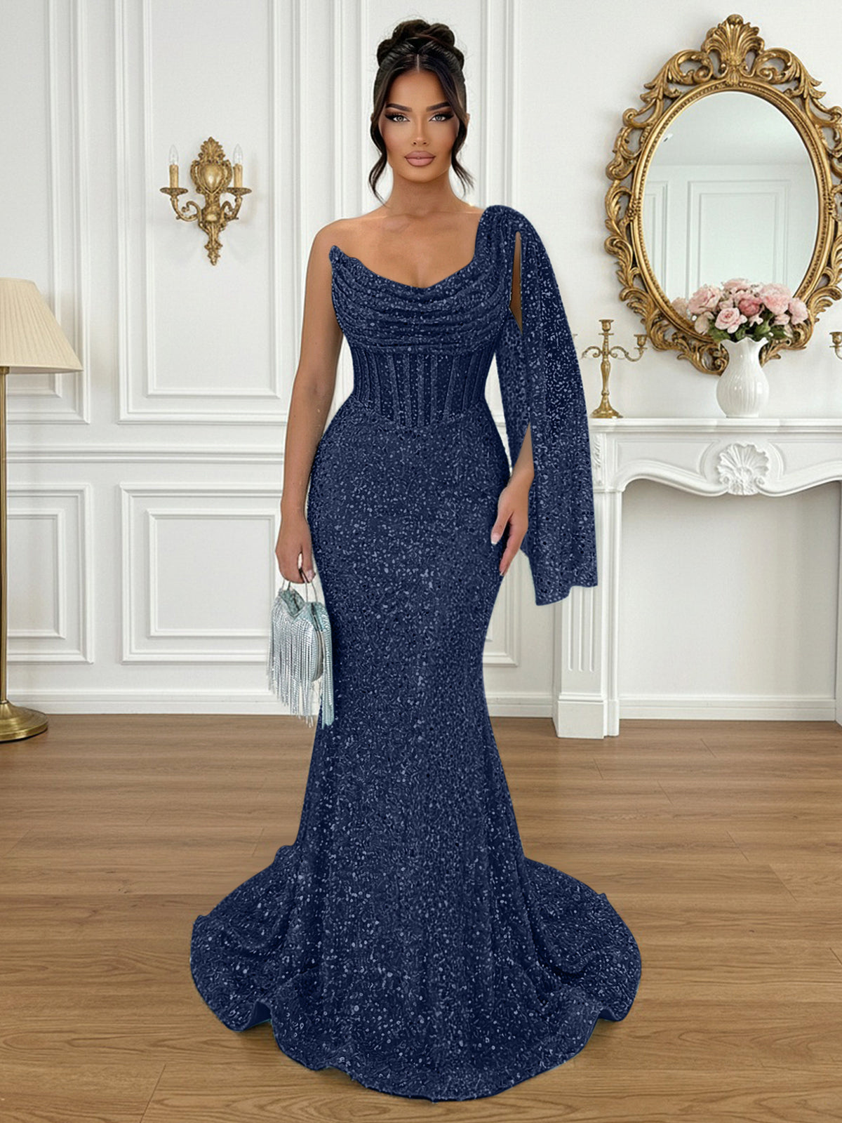 Glamorous Ice Blue One-Shoulder Sequin Corset Mermaid Prom Dresses