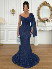 Glamorous Ice Blue One-Shoulder Sequin Corset Mermaid Prom Dresses