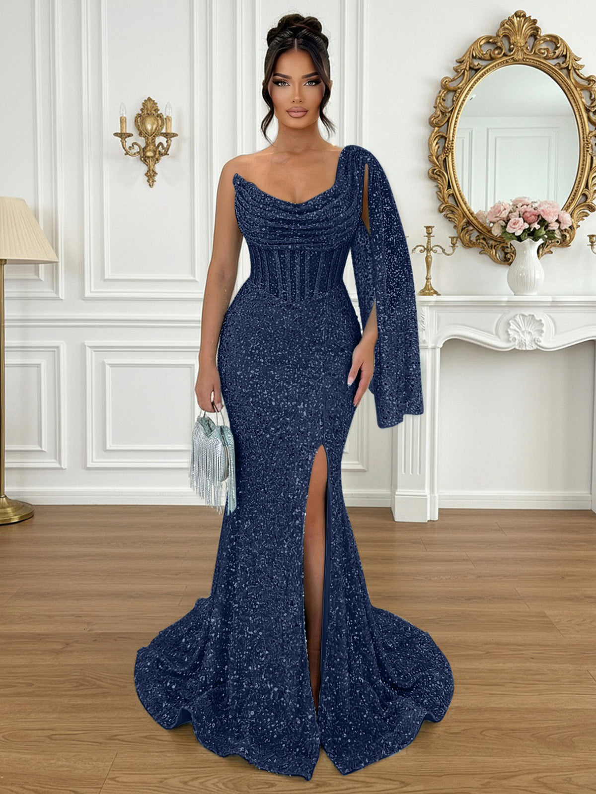 Glamorous Ice Blue One-Shoulder Sequin Corset Mermaid Prom Dresses with Slit