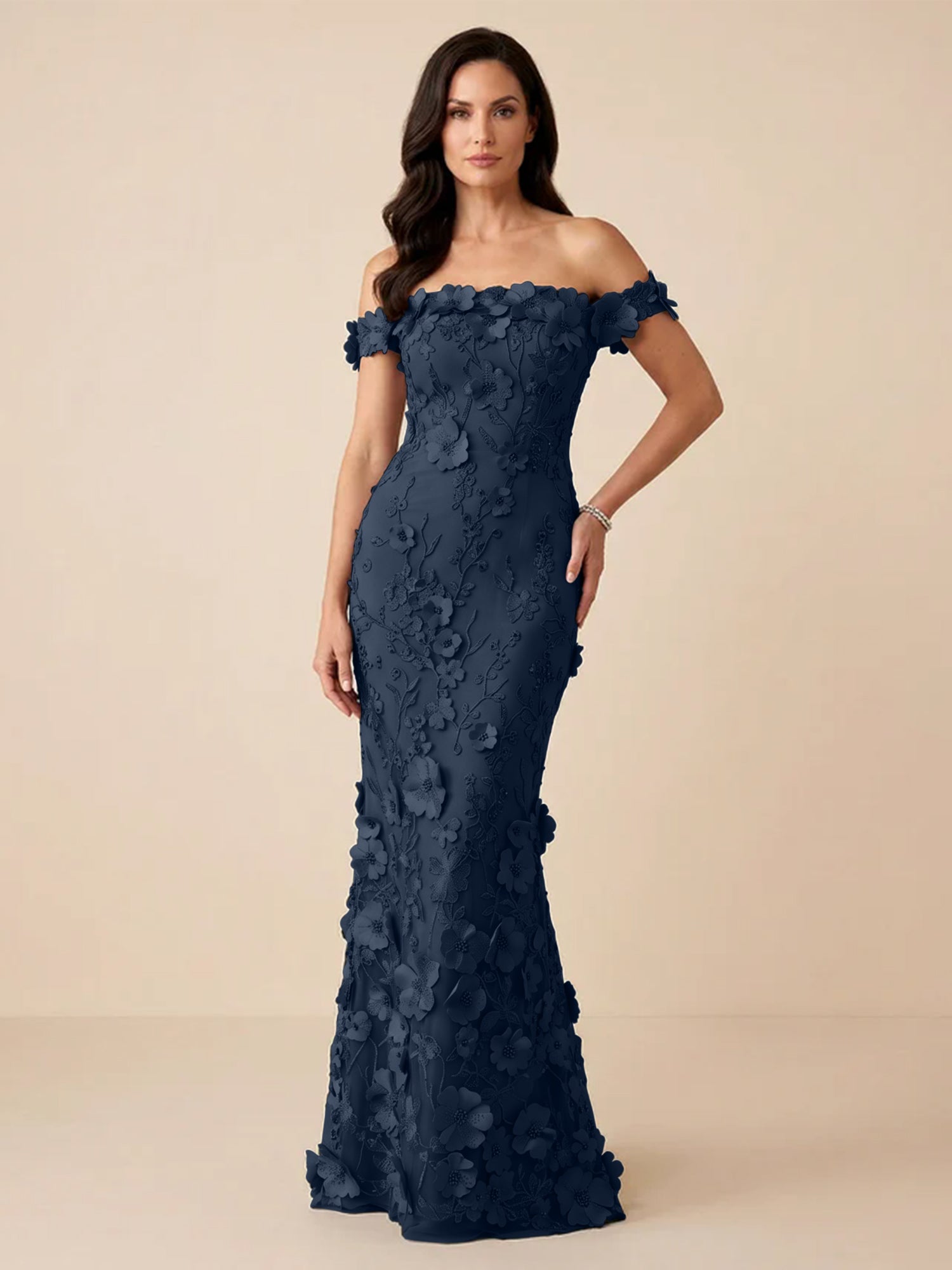 Black Off-the-Shoulder 3D Floral Mermaid Formal Gown Evening Dress