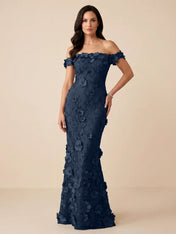 Black Off-the-Shoulder 3D Floral Mermaid Formal Gown Evening Dress