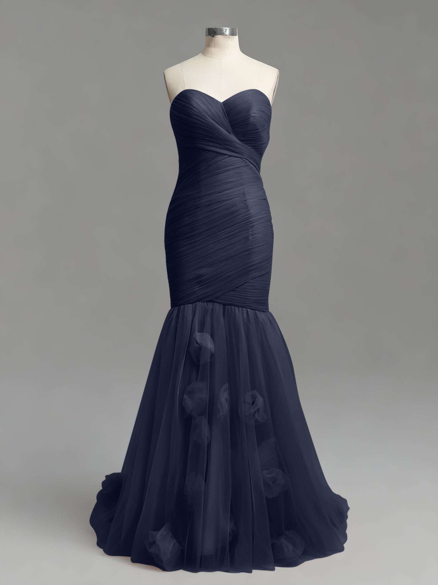 Dusty Rose Mermaid Strapless Ruched Tulle Prom Dress with 3D Floral