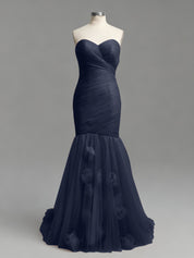 Dusty Rose Mermaid Strapless Ruched Tulle Prom Dress with 3D Floral