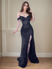 Red Off-the-Shoulder Beaded Tulle Long Prom Dress with Swirling Sequins