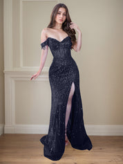 Red Off-the-Shoulder Beaded Tulle Long Prom Dress with Swirling Sequins