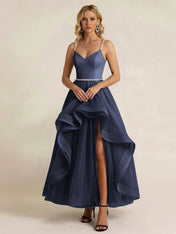 Black Tulle Ruffled A Line Long Formal Dress with Slit