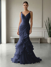 Mauve Folds Tulle Strapless Sleeveless Mermaid Gown Dress