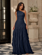 Emerald Green One-Shoulder Ruched Asymmetric Ruffle Chiffon Floor-Length Gown Dress