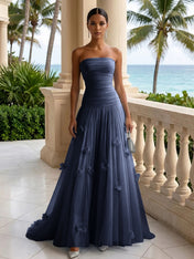 Light Blue Evening Dress with 3D Flower Strapless Pleat Maxi Dress