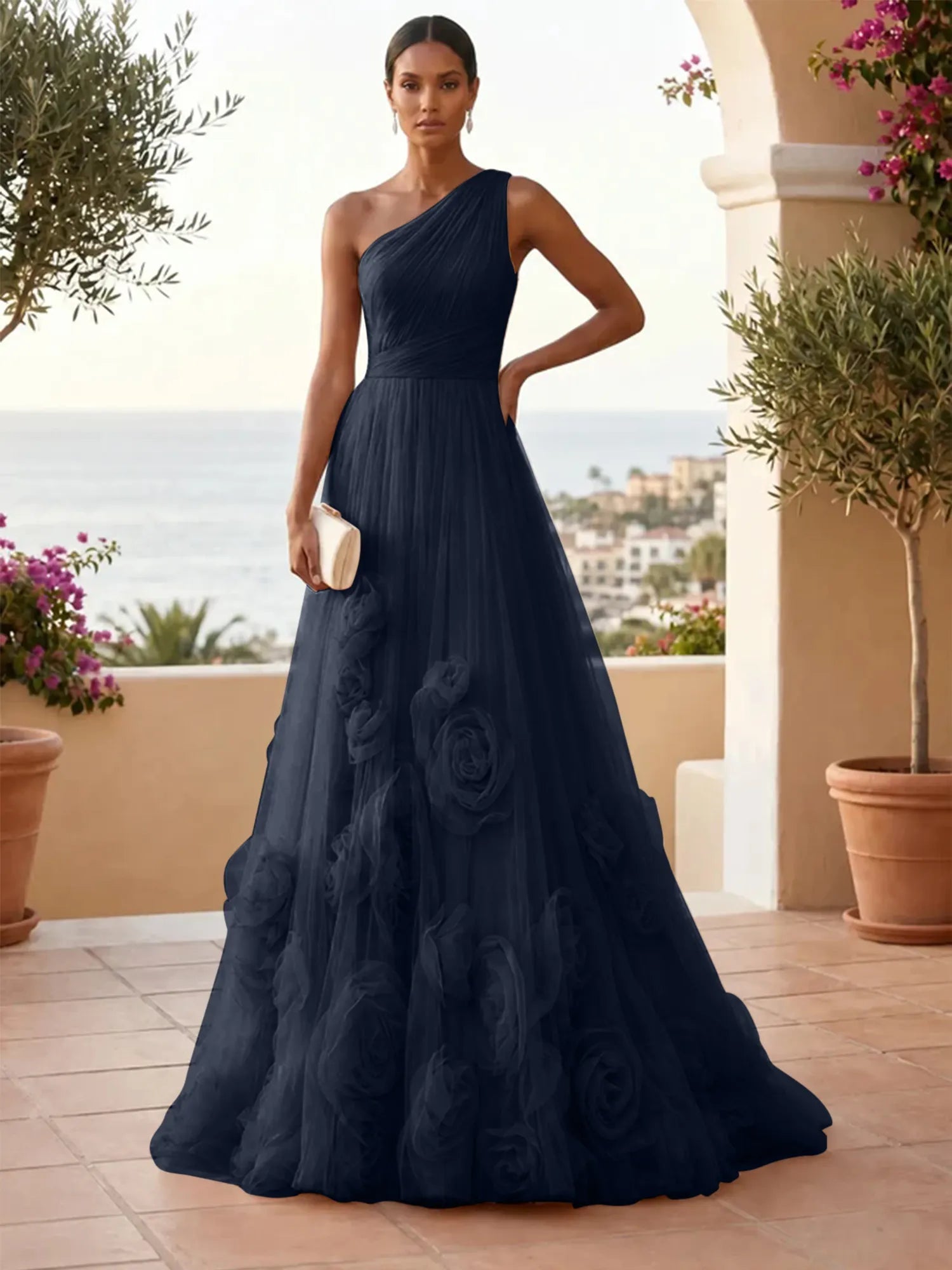 One-Shoulder Sweetheart Tulle Ball Gown with 3D Floral Accents Evening Dresses