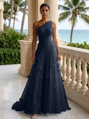 Light Blue Evening Dress with 3D Flower One Shoulder Pleat Maxi Dress