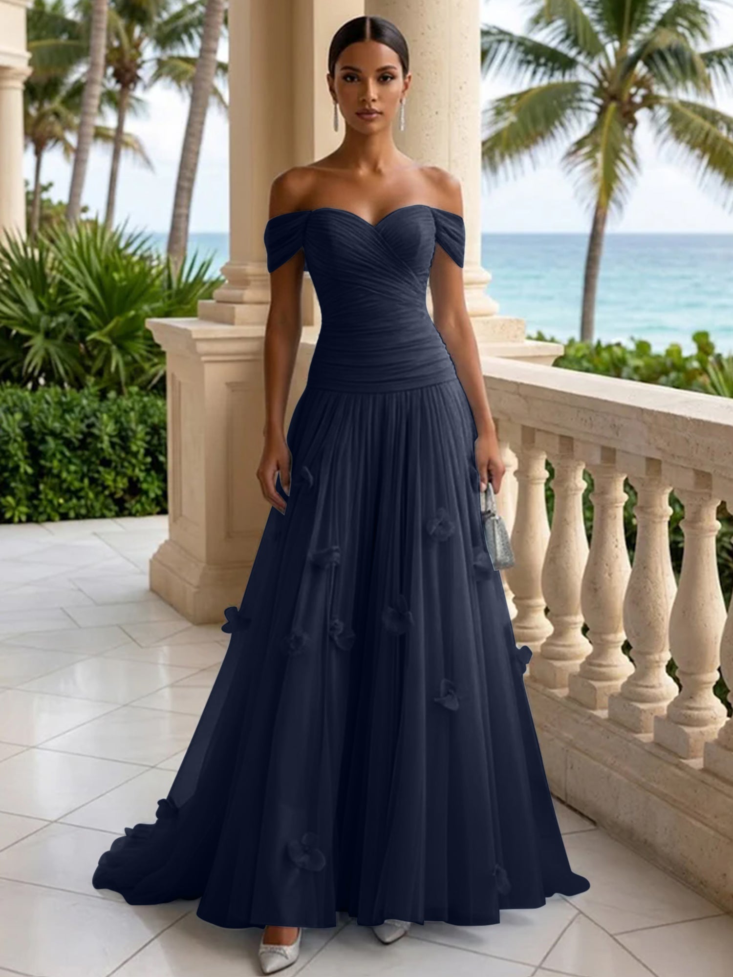 Light Blue Evening Dress with 3D Flower Off The Shoulder Pleat Maxi Dress