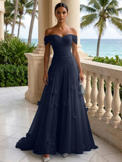 Light Blue Evening Dress with 3D Flower Off The Shoulder Pleat Maxi Dress