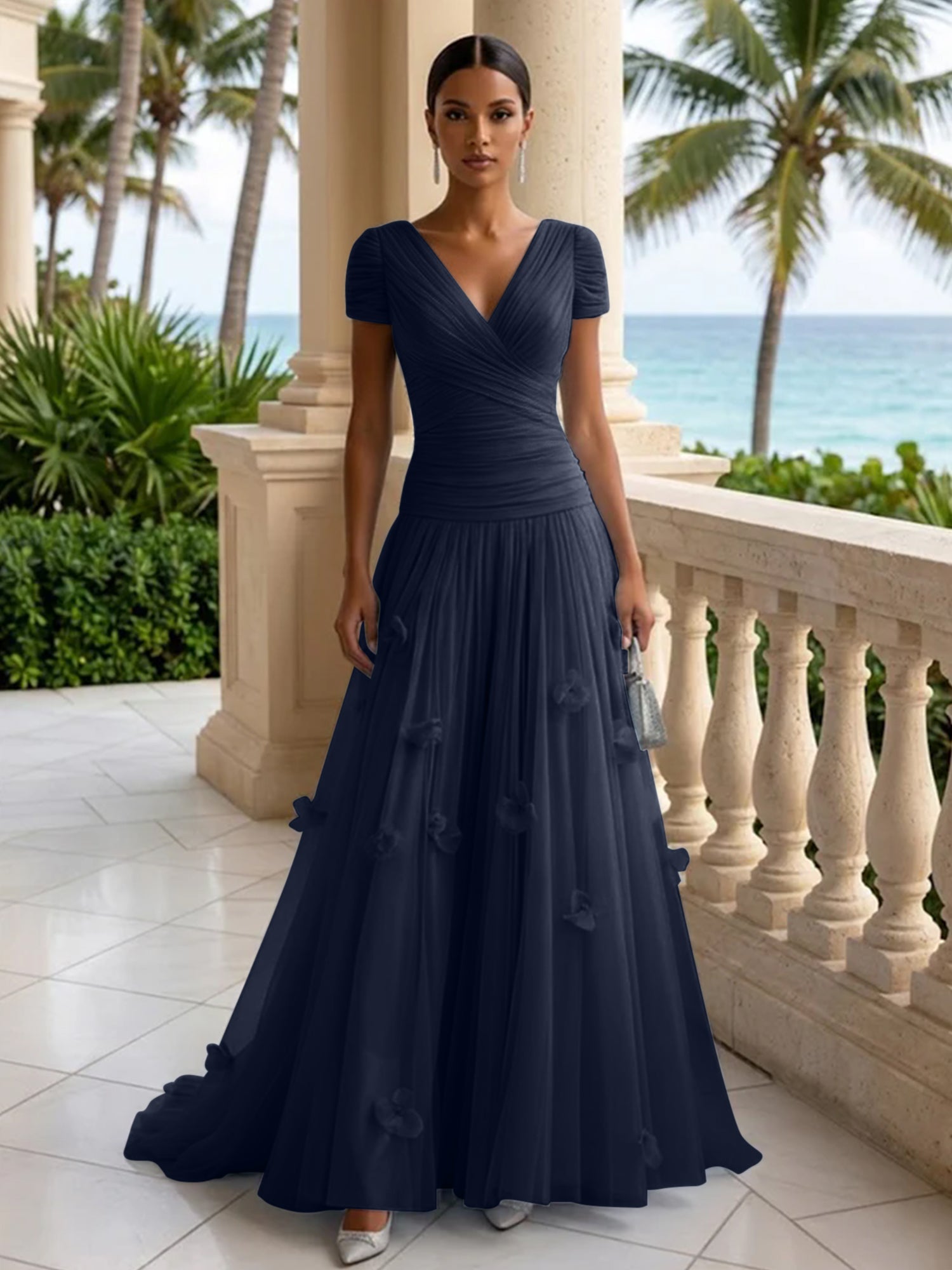 Light Blue Short-Sleeve Tulle Gown Evening Dress with 3D Flower V Neck Pleat Maxi Dress