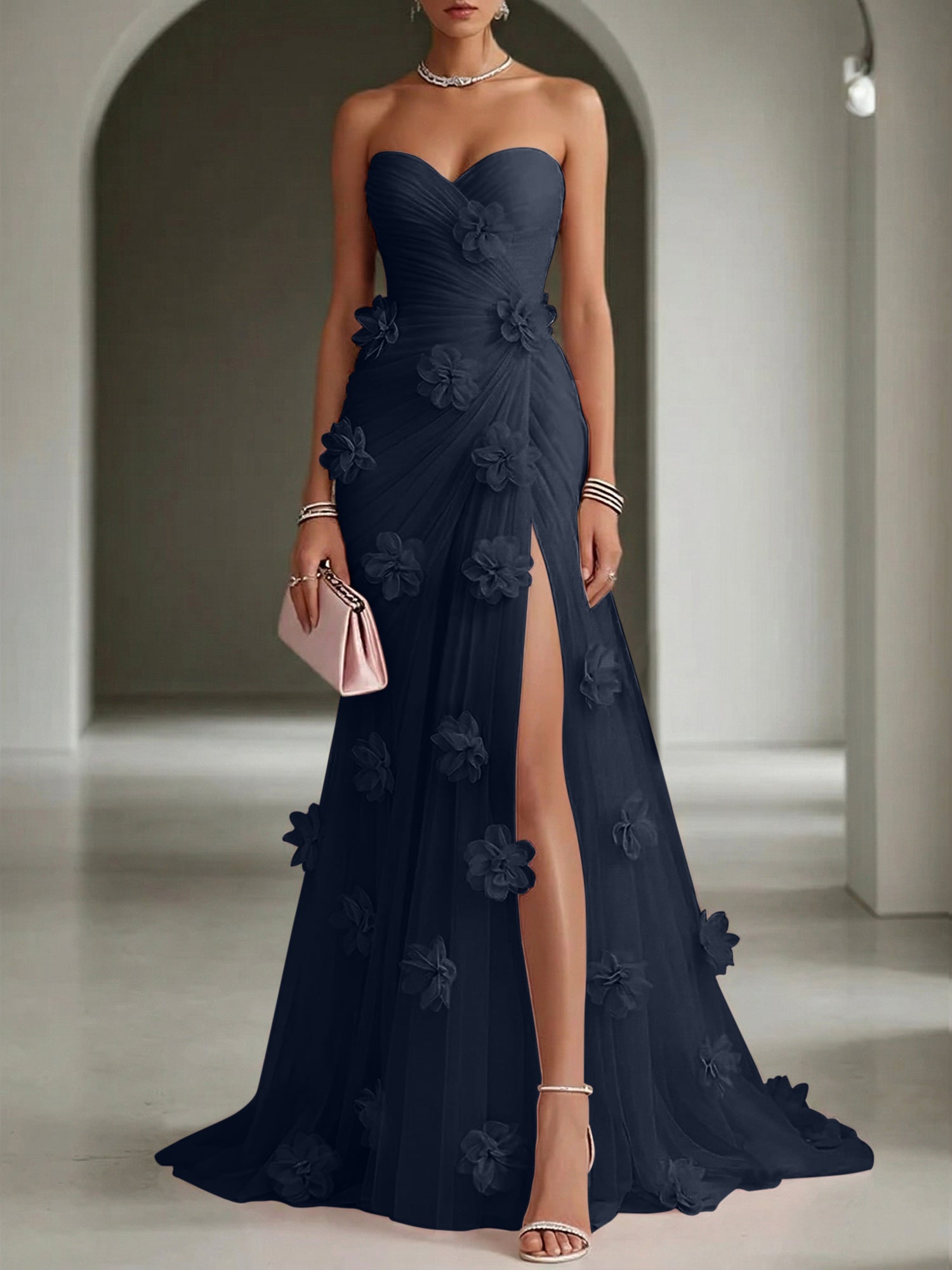 Ethereal Blush Slit 3D Floral Strapless Tulle Gown Dress