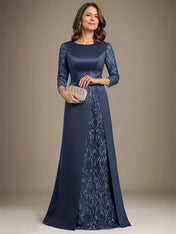A-Line Scoop Floor-Length Lace Satin Mother Of the Bride Dress With Applique
