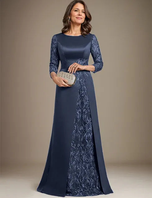 Robe de mère de la mariée en satin et dentelle, coupe trapèze, longueur au sol, avec appliques 
