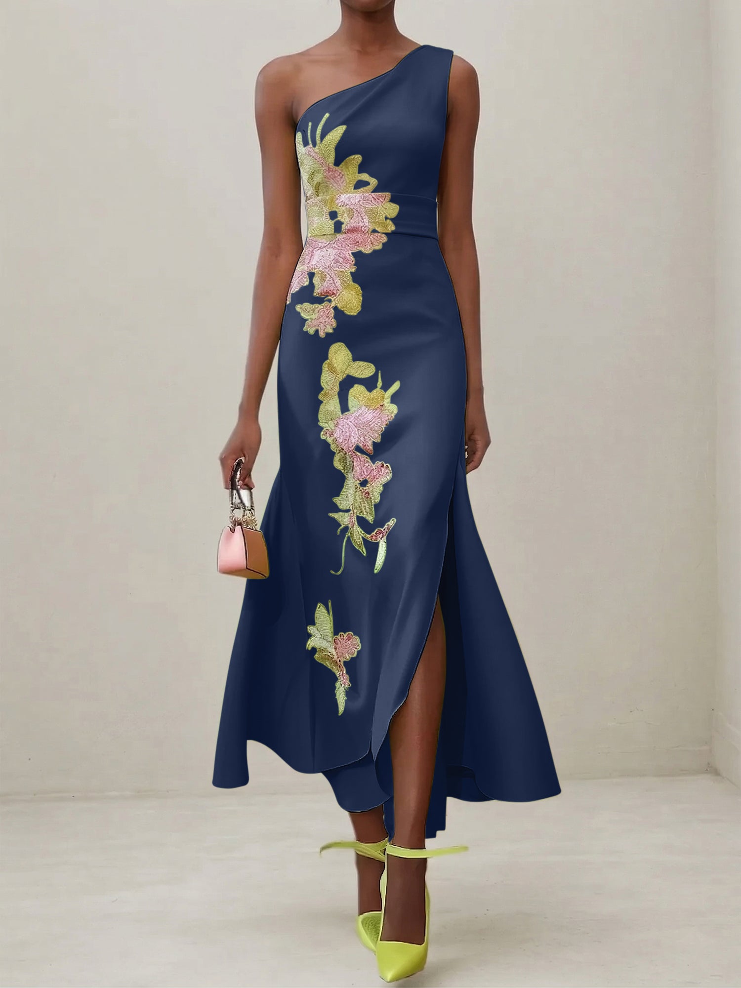 Green Floral One Shoulder Embroidered Cap Sleeve Slit Sheath Maxi Dress