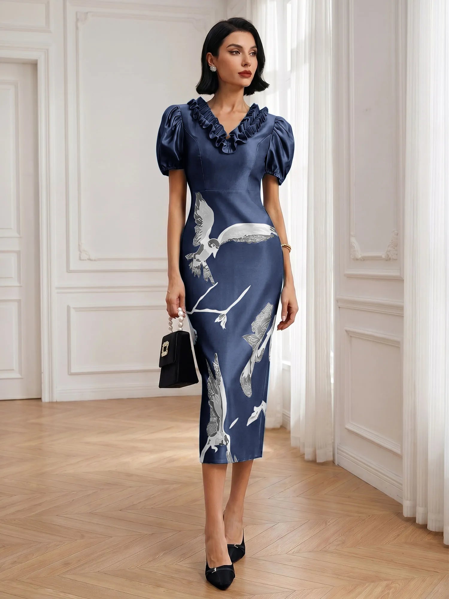 Black Folds V Neck Puff Sleeve Midi Sheath Dress