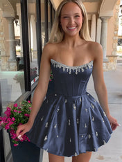 Sparkly Satin A Line Short Corset Homecoming Dress with Rhinestones