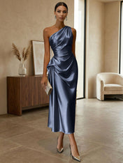 Champagne Ruched Satin One Shoulder Sleeveless Sheath Midi Dress
