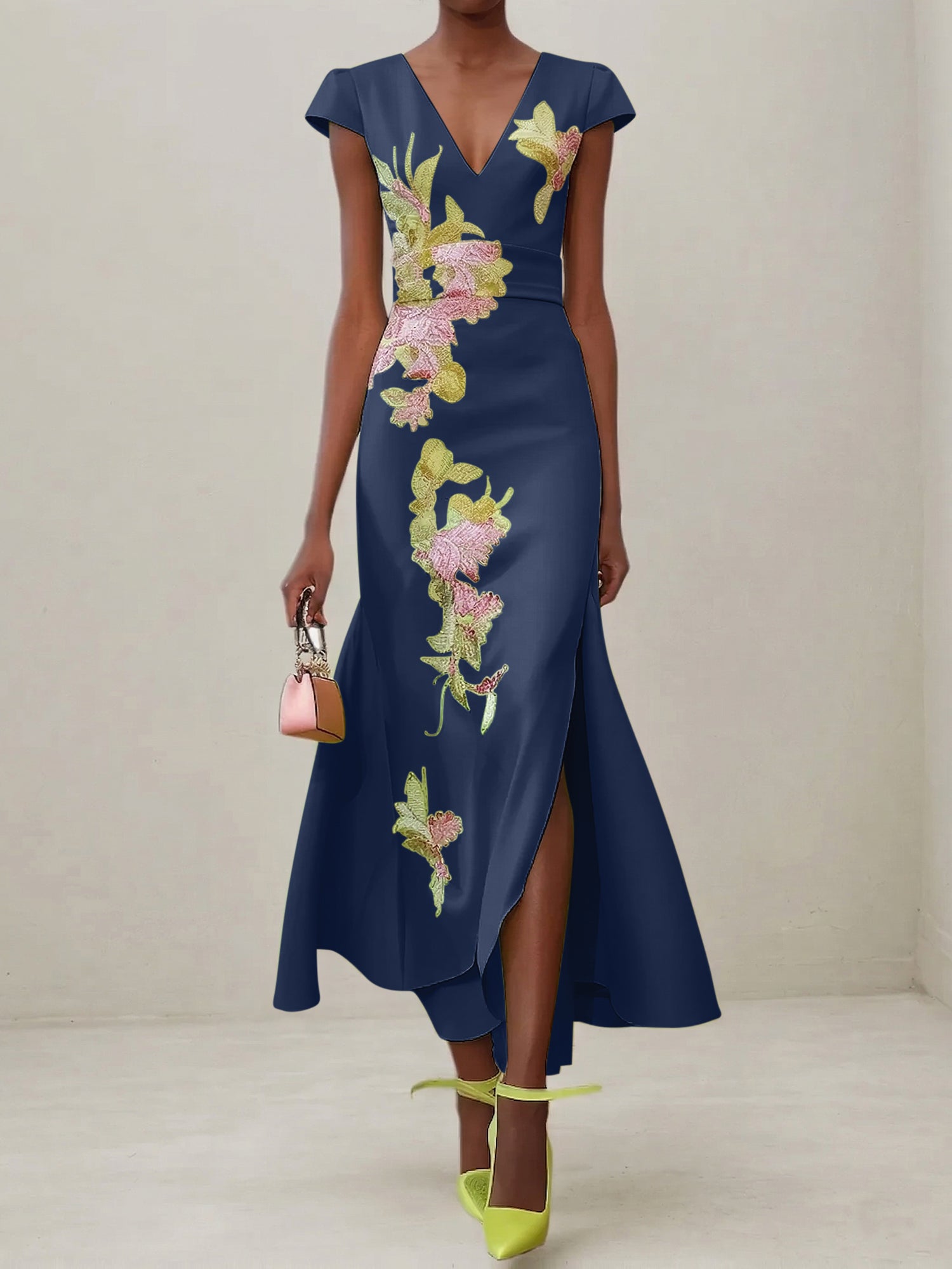 Green Floral V Neck Embroidered Cap Sleeve Slit Sheath Maxi Dress