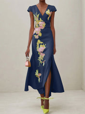 Green Floral V Neck Embroidered Cap Sleeve Slit Sheath Maxi Dress