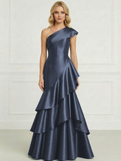 Formal Evening Dress Dark Blue One-Shoulder Satin Tiered Maxi Gown