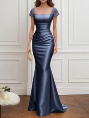 Mother of the Bride Dress Champagne Satin Square Neck Maxi Dress