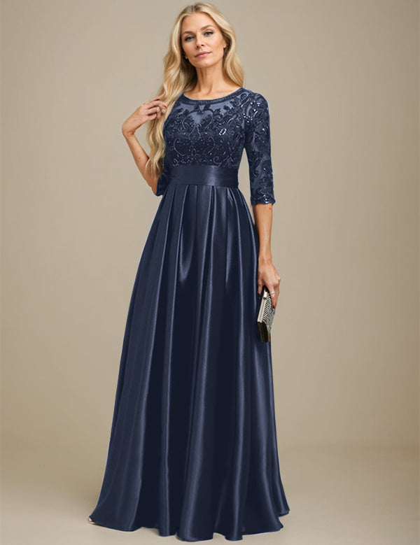 A-line Scoop Illusion Floor-Length Stretch Satin Lace Mother of the Bride Dress With Bow Sequins