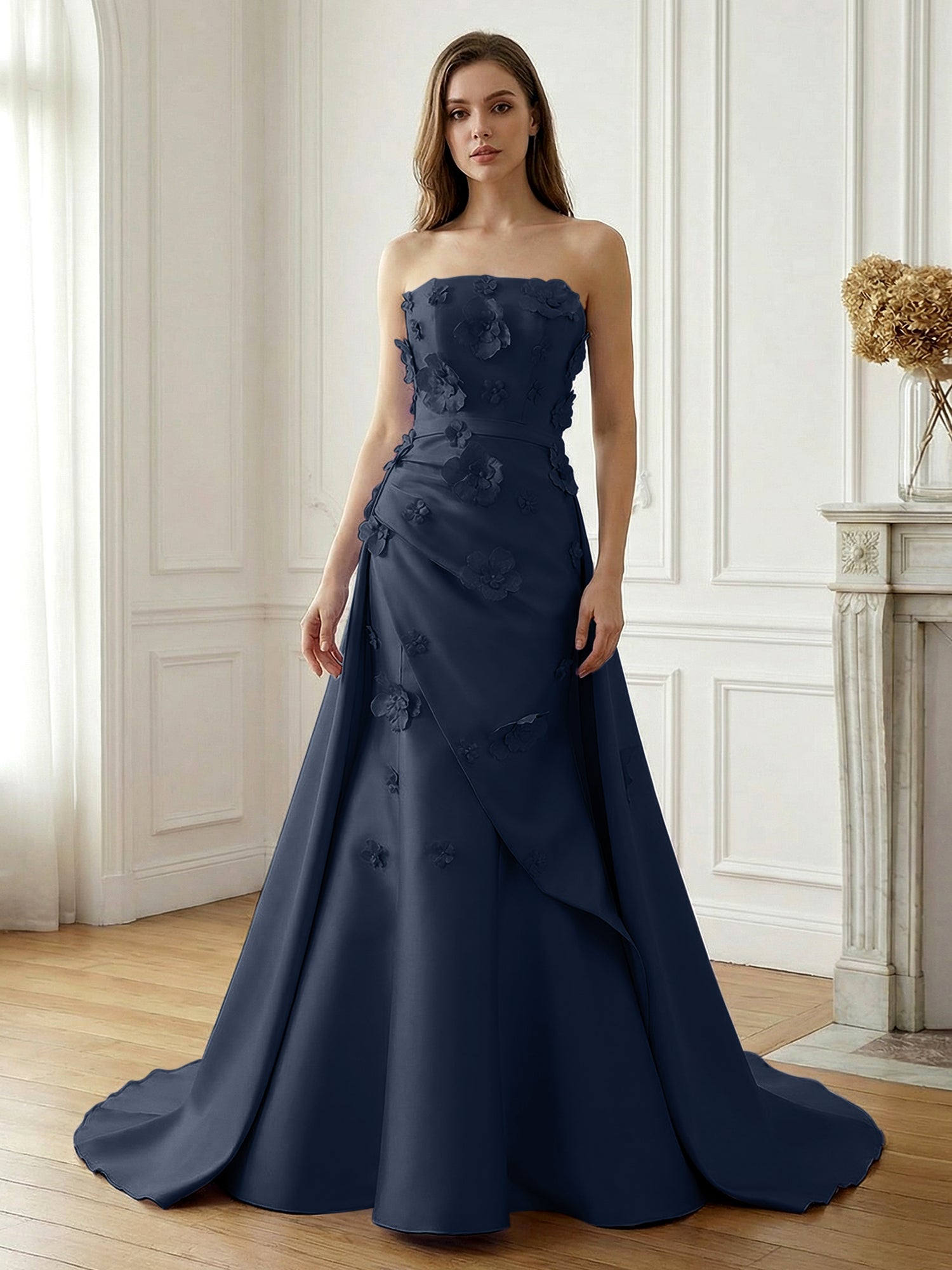 Lavender Satin 3D Floral Strapless A-Line Gown
