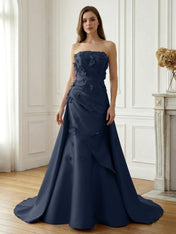 Lavender Satin 3D Floral Strapless A-Line Gown