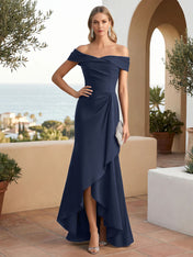 Off the Shoulder Pleat Satin High Low Mermaid Evening Dresses for Women