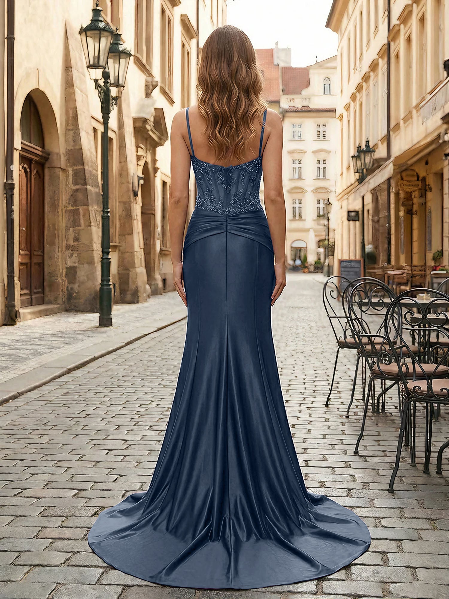 Purple Mermaid Spaghetti Straps Satin Long Corset Appliqued Prom Dress