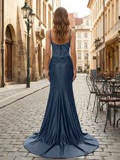 Purple Mermaid Spaghetti Straps Satin Long Corset Appliqued Prom Dress